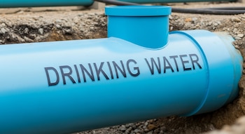 Primer plano de una tubería de distribución de agua potable de color celeste con la inscripción "DRINKING WATER" en negro, parcialmente enterrada en tierra.