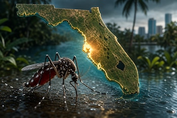 Un mosquito sobre una superficie con gotas de agua frente a la silueta transparente del mapa de Florida.