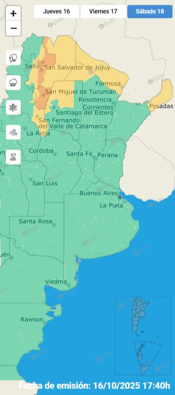 El SMN mantiene alerta amarilla en varias provincias por tormentas dispersas y acumulados puntualmente altos