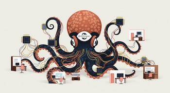 Ilustración de un pulpo mecánico con tentáculos de cables y microchips, el logo de Anthropic en su cabeza, invadiendo oficinas minimalistas.