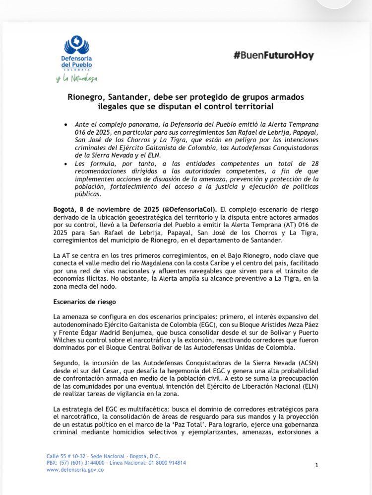Defensoría del Pueblo alerta presencia de grupos criminales en Santander - crédito Defensoría del Pueblo