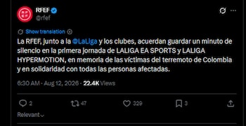 El homenaje se realizará el fin de semana del 14 al 16 de agosto de 2026 en el arranque de LaLiga EA SPORTS en su temporada 2026-2027 en España-crédito @rfef/X