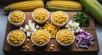 Vista superior de cinco canastitas de choclo en moldes blancos, con choclo, queso en cubos, cebolla morada picada y perejil fresco sobre una tabla de madera.