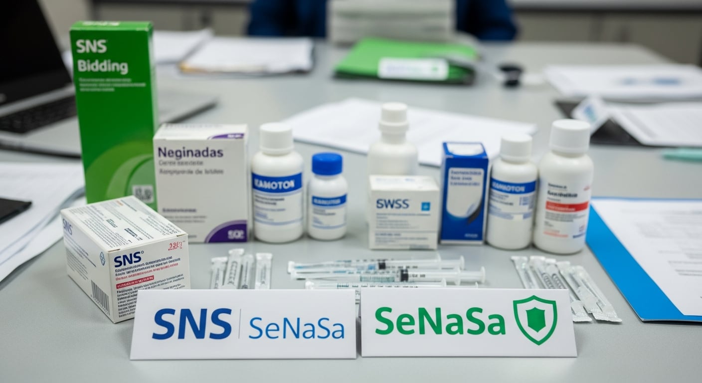 Un primer plano de insumos médicos como cajas de medicamentos, reactivos de laboratorio y jeringas, ordenados y etiquetados con los logos de SNS y SeNaSa, dispuestos sobre una mesa de un hospital público dominicano. (Imagen Ilustrativa Infobae)