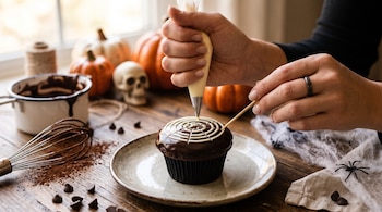 Manos con una manga pastelera y un palillo decoran un pastelillo en un plato, frente a pequeñas calabazas, una calavera y un batidor.