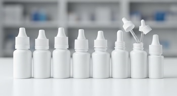 Nueve frascos blancos genéricos de gotas para ojos sobre una superficie blanca, con dos de ellos abiertos y sus goteros visibles. Fondo de farmacia desenfocado.