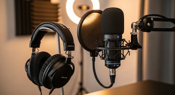 Primer plano de un micrófono de podcast negro con filtro antipop y audífonos profesionales negros colgando. Una luz de estudio redonda y paneles acústicos están al fondo.