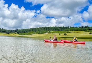 Dos kayaks rojos con dos personas, una adulta y una menor con chaleco salvavidas, flotan en el agua. Al fondo, bosque y cielo con nubes