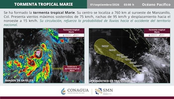 Infografía meteorológica con una imagen satelital y un mapa de trayectoria para una tormenta tropical en la costa mexicana