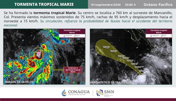 Un reporte del Servicio Meteorológico Nacional informa sobre la ubicación y trayectoria de la tormenta tropical Marie a 760 kilómetros al suroeste de Manzanillo, Colima.