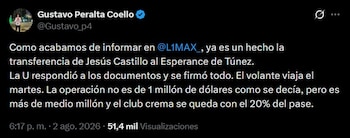 La información del periodista Gustavo Peralta sobre la salida de Jesús Castillo de Universitario rumbo a Espérance de Túnez.