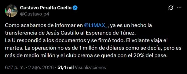 La información del periodista Gustavo Peralta sobre la salida de Jesús Castillo de Universitario rumbo a Espérance de Túnez.