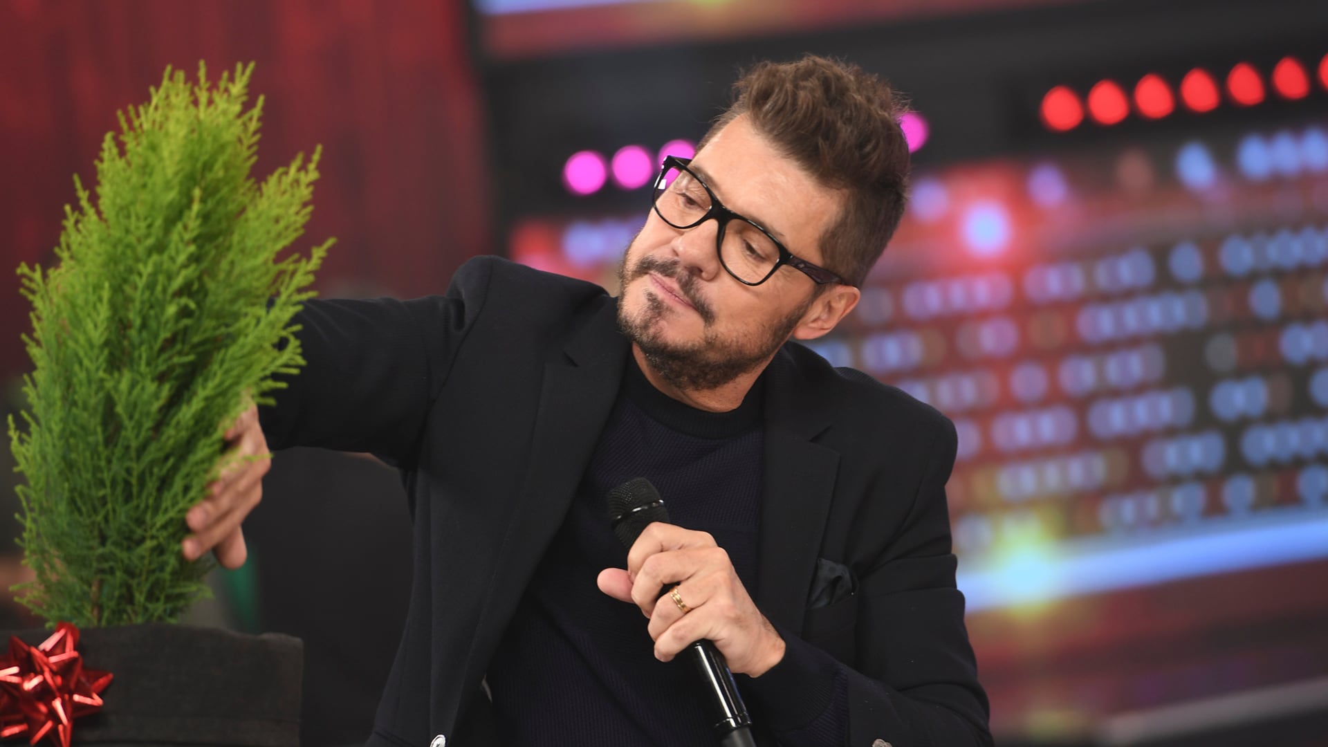 Marcelo Tinelli junto a una de las plantas que le llevó Miguel al programa (Archivo)