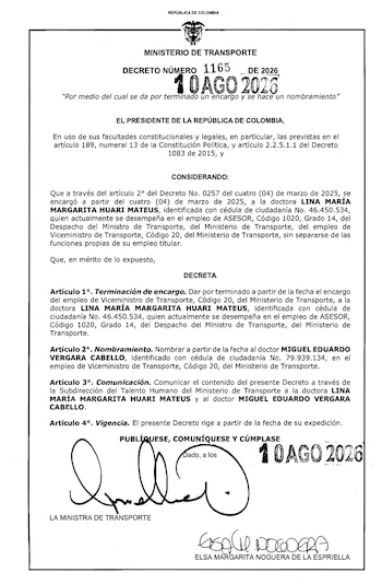 El decreto oficializa el nombramiento de Miguel Vergara Cabello como nuevo viceministro de Transporte del Gobierno de Abelardo de la Espriella - crédito Dapre