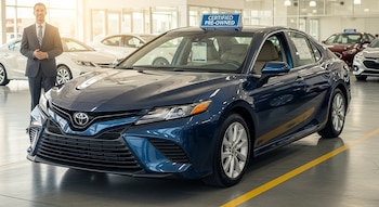 Un vendedor de traje sonríe junto a un sedán azul oscuro con un cartel "Certified Pre-Owned" en el techo, dentro de una concesionaria de automóviles luminosa.