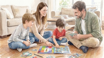 Ilustración en acuarela de una familia sonriente (madre, padre y dos hijos) sentada en el suelo de una sala de estar, jugando un juego de mesa.