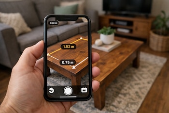 Mano sosteniendo un teléfono inteligente que muestra una aplicación de realidad aumentada midiendo una mesa de madera en una sala de estar, con valores de 1.52m y 0.75m.