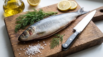 Un arenque sobre una tabla de madera con un cuchillo, ramas de eneldo, sal gruesa, rodajas de limón y un recipiente con aceite de oliva.