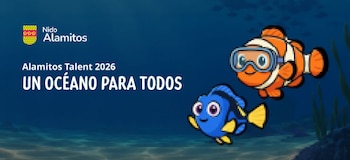Fondo marino con texto en letras blancas, el logotipo de Nido Alamitos y dos peces animados, uno naranja con visor y otro azul