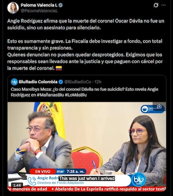 Paloma Valencia pidió a la Fiscalía General de la Nación una investigación exhaustiva y transparente sobre la muerte del coronel Óscar Dávila - crédito @PalomaValenciaL / X