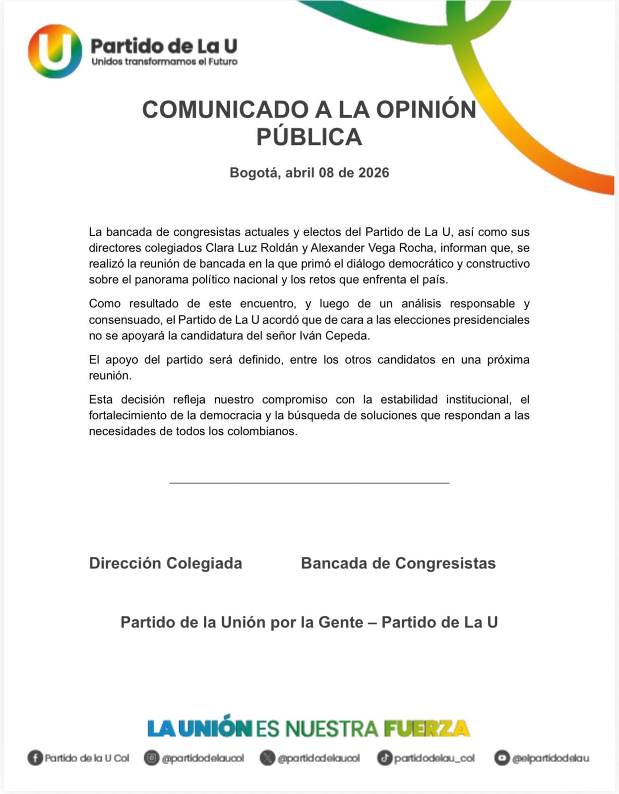 El comunicado resalta que la determinación responde a criterios de estabilidad institucional y fortalecimiento democrático - crédito Partido de la U