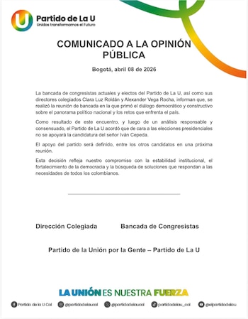 El comunicado resalta que la determinación responde a criterios de estabilidad institucional y fortalecimiento democrático - crédito Partido de la U