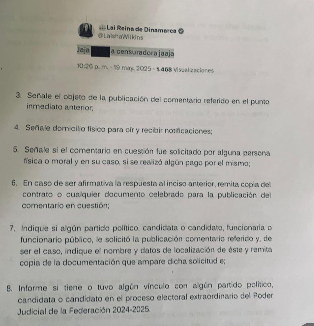 Denuncia contra Laisha Wilkins. (Foto: X/@LaishaWilkins)