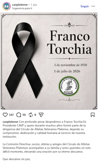Tarjeta de homenaje con marco, cinta negra, nombre Franco Torchia, fechas 3 de noviembre de 1938 y 1 de julio de 2026, y logo del Círculo de Atletas Veteranos Platense