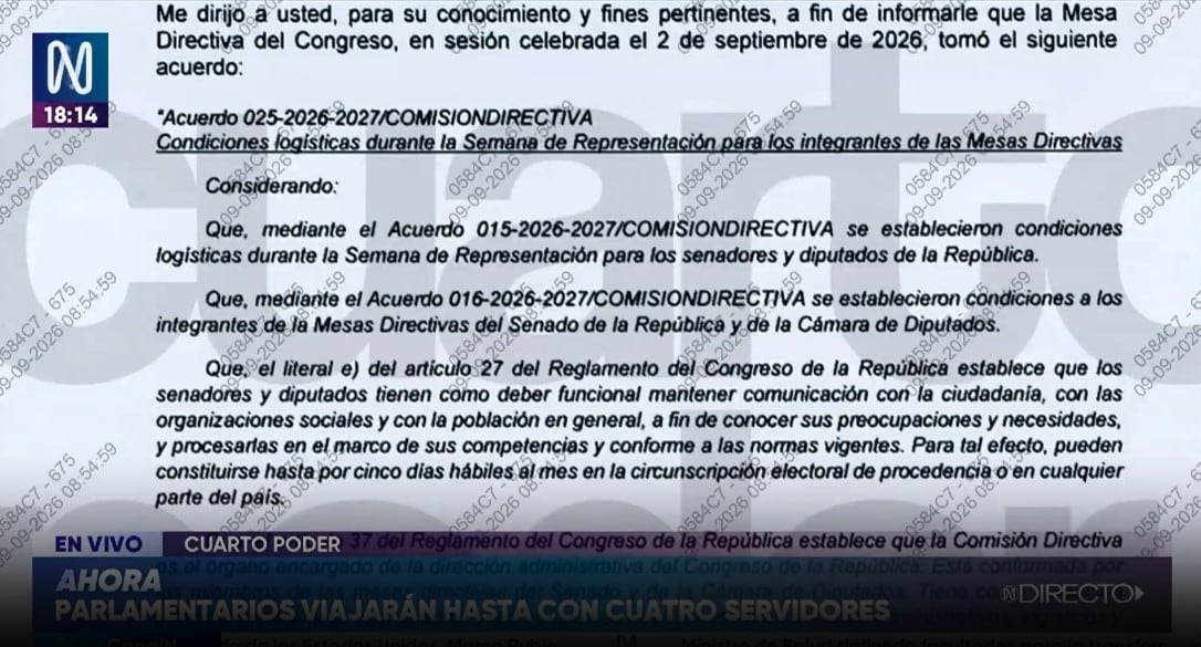 Congreso permitirá a sus directivos viajar con cuatro asesores pagados por el Estado. Captura: Cuarto Poder.