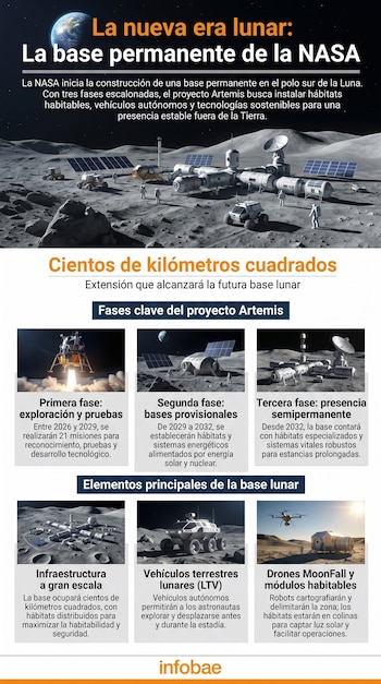 Infografía de una base lunar con módulos hábitat, paneles solares, rovers y astronautas caminando en la superficie de la Luna, con la Tierra al fondo.