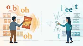 Ilustración de dos personas ante estanterías de aperitivos con letras y ondas sonoras asociadas a paquetes grandes y pequeños.