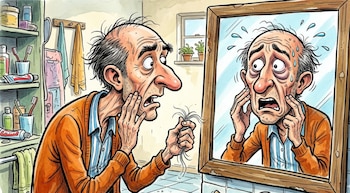 Ilustración de un hombre calvo con expresión de angustia frente a un espejo, sosteniendo un mechón de pelo, con su reflejo también sudoroso y asustado
