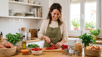 Una mujer con delantal verde corta un pimiento rojo en una mesa con tomates, espinacas, batatas, garbanzos y recipientes de especias.