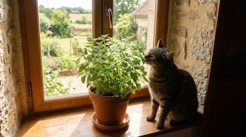 Un gato atigrado de pelo corto se sienta en el alféizar de una ventana de madera, junto a una maceta de hierba gatera verde. Se ve un jardín.