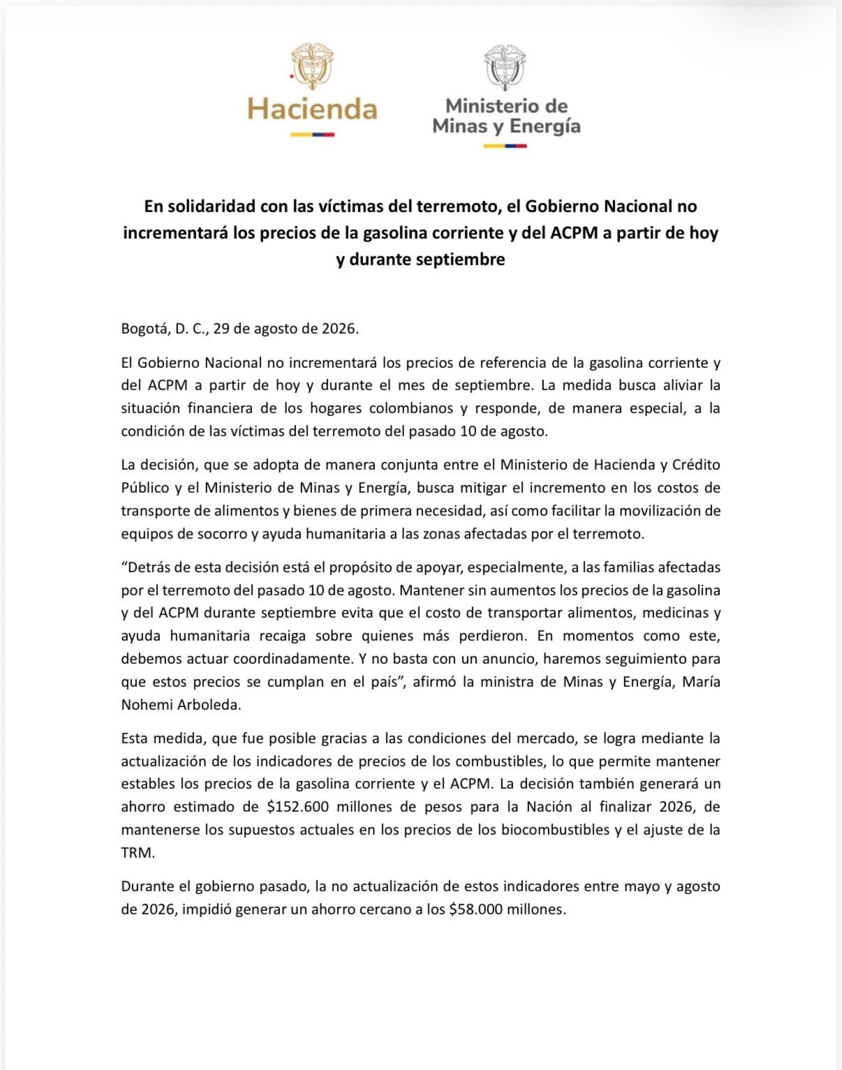 El Gobierno nacional decidió mantener sin aumentos los precios de referencia de la gasolina corriente y el Acpm durante septiembre de 2026 - crédito @MinEnergiaCo/X