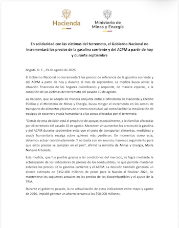 El Gobierno nacional decidió mantener sin aumentos los precios de referencia de la gasolina corriente y el Acpm durante septiembre de 2026 - crédito @MinEnergiaCo/X