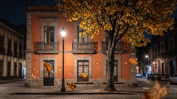 Fachada terracota de dos pisos con balcones de hierro, farola iluminada, un árbol de hojas amarillas y hojas secas suspendidas en el aire.