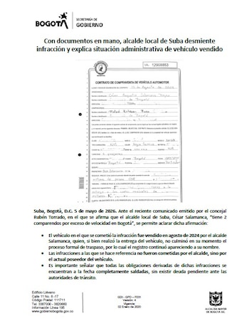 Salamanca aseguró que las multas de tránsito están ya saldadas y atribuyó el problema a un traspaso inconcluso de vehículo vendido en agosto de 2024 - crédito Alcaldía de Suba