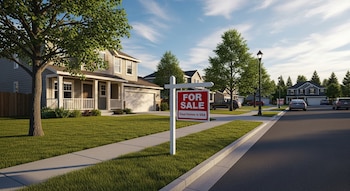 Una calle suburbana soleada con casas, césped verde y un letrero rojo de 'FOR SALE' (Se Vende) que dice 'Used Homes in USA' (Casas Usadas en USA).