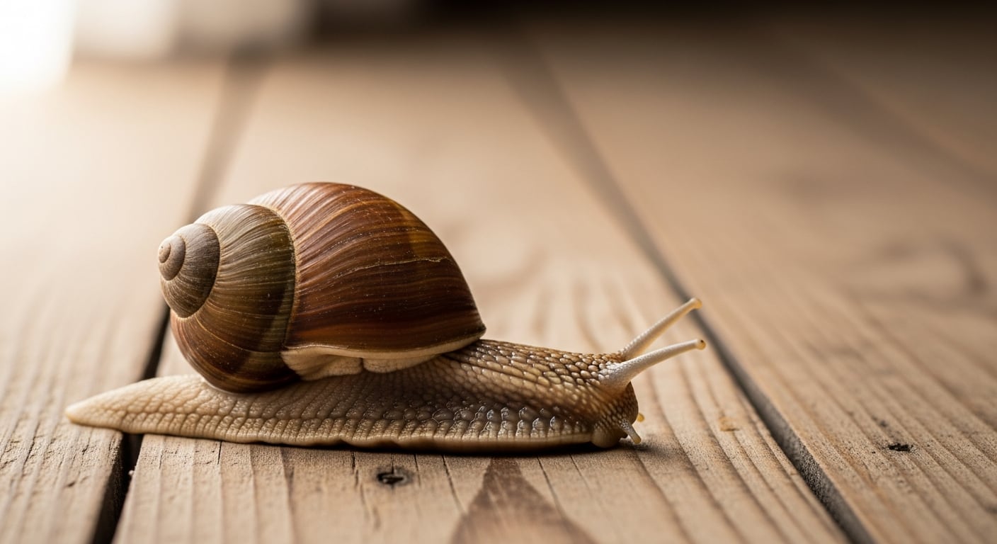 Un caracol molusco terrestre se desliza lentamente sobre un piso de tablas de madera en un puerto. (Imagen Ilustrativa Infobae)
