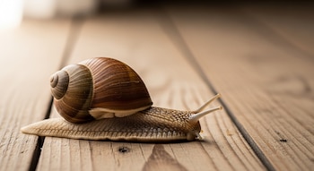 Un caracol con caparazón marrón y cuerpo claro se desplaza sobre un piso de madera, mostrando su cola y dos pares de tentáculos.