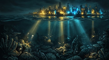 Lecho marino con corales, medusas y peces bajo haces de luz proyectados por barcos y edificios de una ciudad costera nocturna.