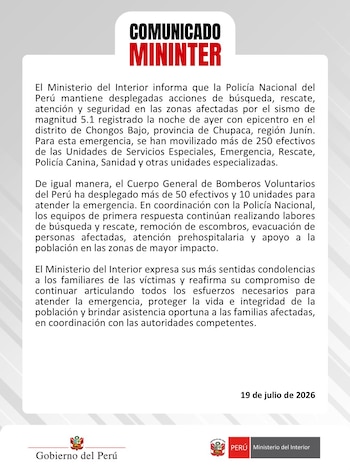 Mininter despliega 250 agentes de la PNP para asistir a damnificados del sismo en Junín