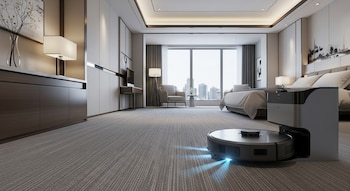 Aspiradora robot redonda con luces azules limpia una alfombra gris en una lujosa suite de hotel moderna. Se observan una cama, una ventana con vistas a la ciudad y una estación de carga.