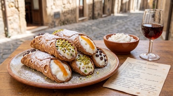 Un plato con cannoli decorados con pistachos y chocolate se encuentra en una mesa junto a un cuenco de crema, una copa de vino y una nota.