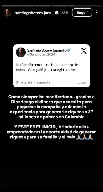 El candidato presidencial respondió a la polémica por la rifa en evento de su campaña en Bogotá - crédito @santiagobotero.jaramillo/Instagram