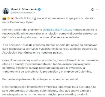 Mauricio Gómez Amín, ministro de Comercio, busca que Japón vea a Colombia como destino para invertir y producir - crédito @mauriciogomezCO/X