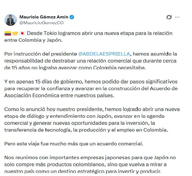 Mauricio Gómez Amín, ministro de Comercio, busca que Japón vea a Colombia como destino para invertir y producir - crédito @mauriciogomezCO/X