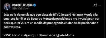 Daniel Briceño cuestionó en redes sociales las acciones judiciales y señaló que se habrían utilizado recursos de Rtvc para contratar a una firma vinculada a la familia de Eduardo Montealegre - crédito Daniel Briceño/X