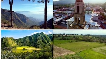 Composición de cuatro imágenes con paisajes montañosos, un campanario de iglesia, un valle verde y campos de cultivo.